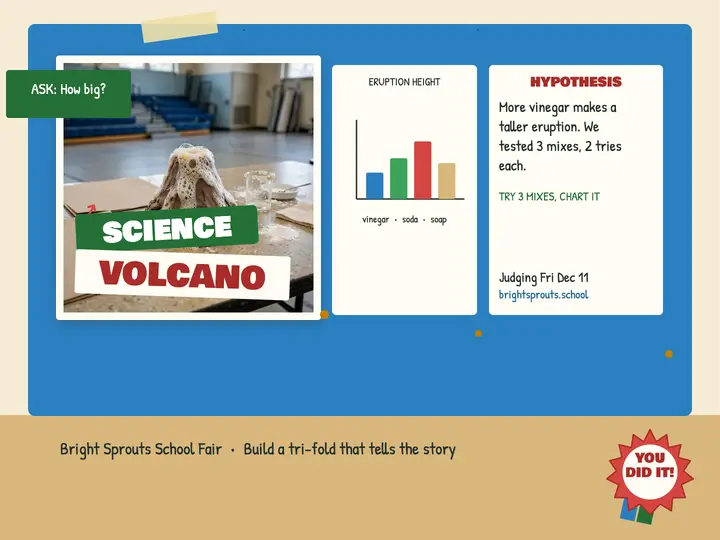 Volcano science fair tri-fold how-to slide template