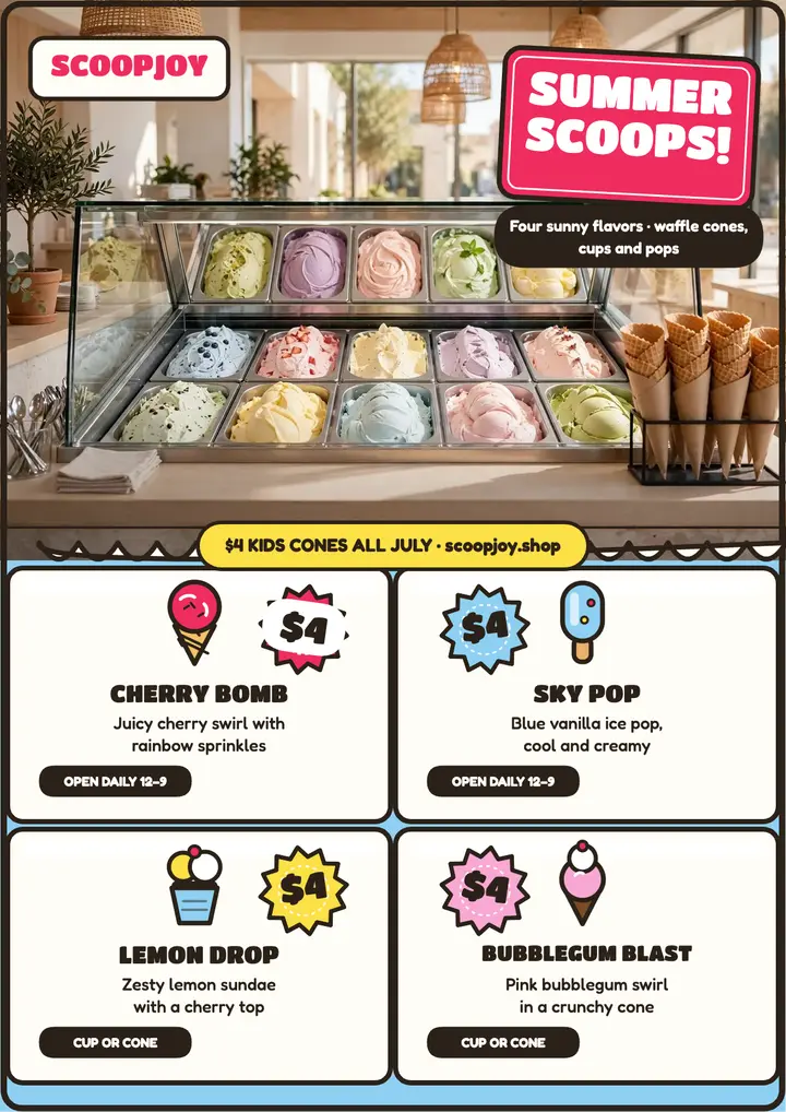 ScoopJoy summer scoops flyer: ice cream shop flyer template