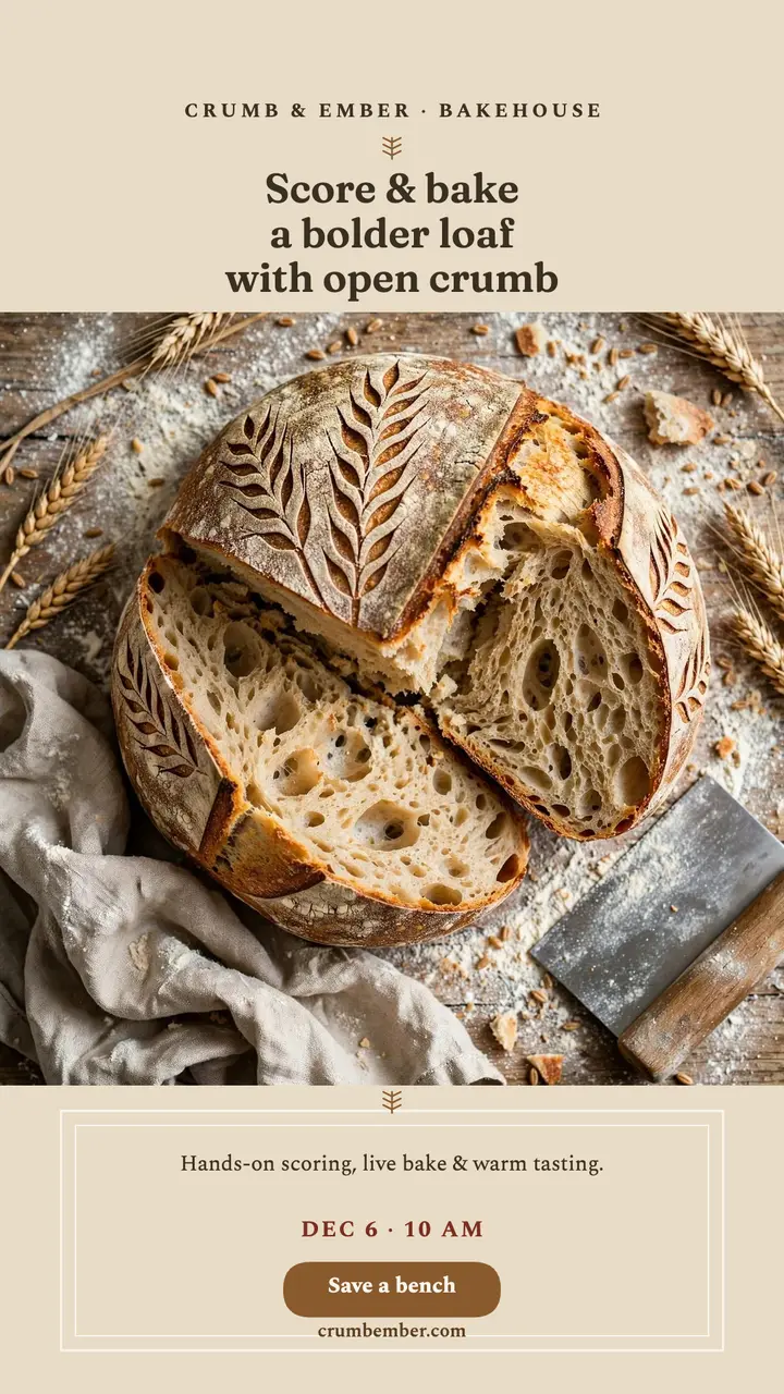 Crumb & Ember sourdough scoring class story: sourdough class story template