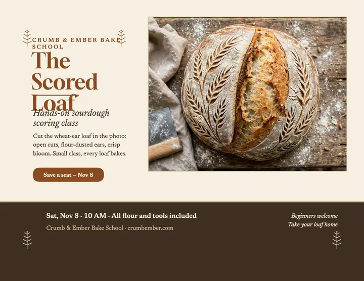 Crumb and Ember sourdough scoring class flyer: sourdough class flyer template