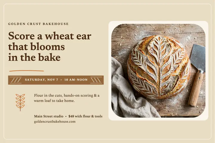Golden Crust sourdough scoring class postcard: sourdough class postcard template