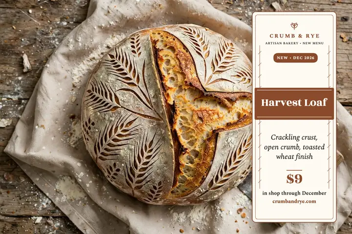 Crumb and Rye Harvest Loaf postcard template