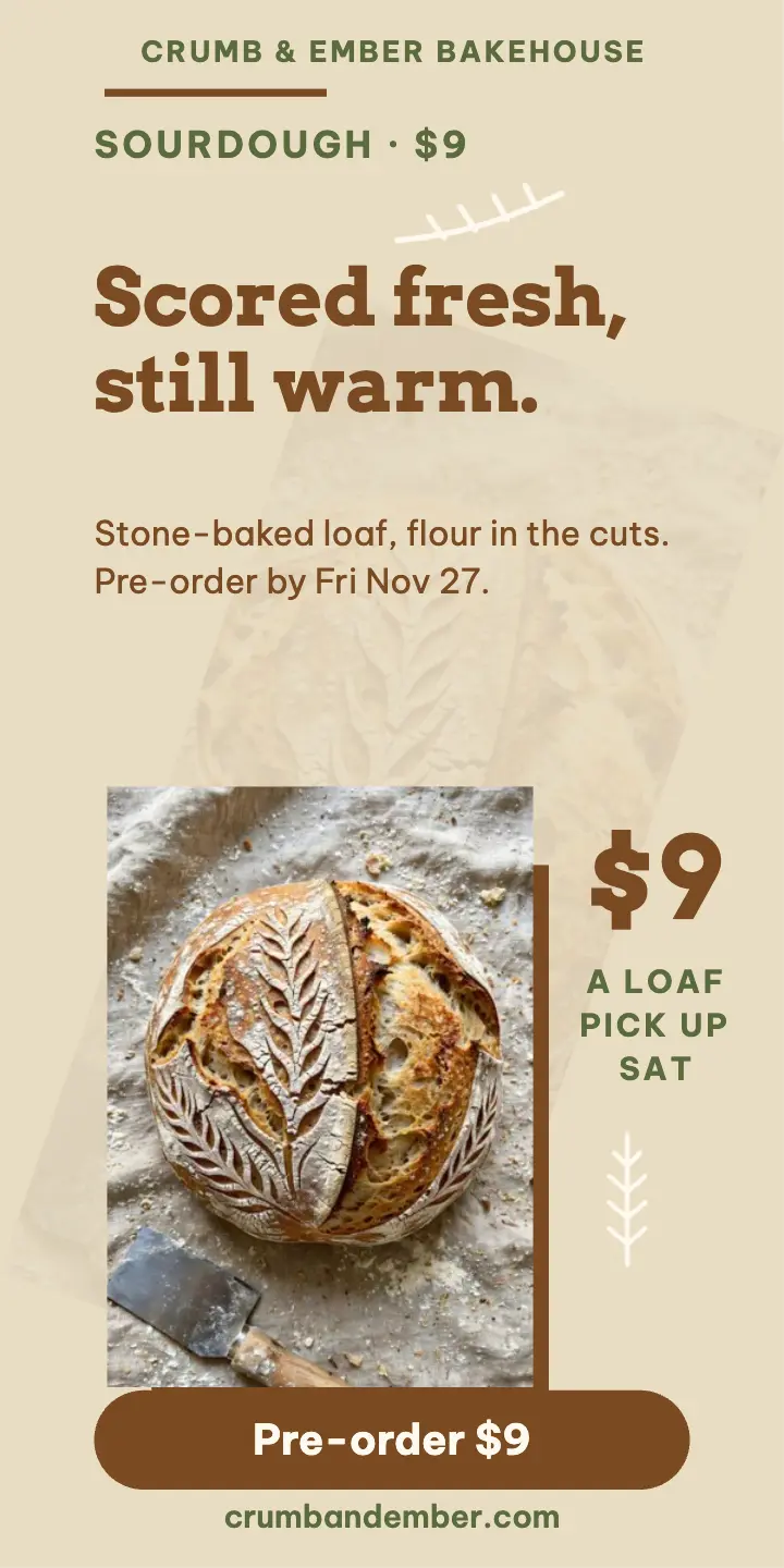 Crumb and Ember sourdough pre-order ad template