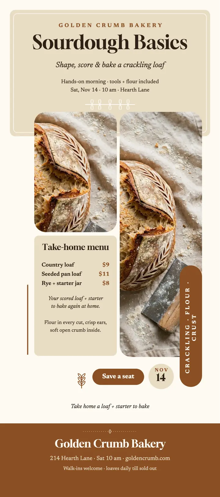 Golden Crumb sourdough class menu template