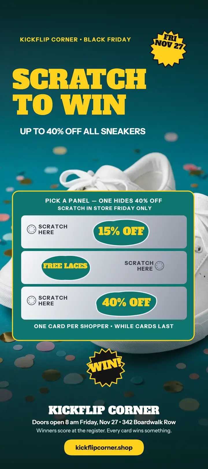 Kickflip Corner scratch and win sale card template