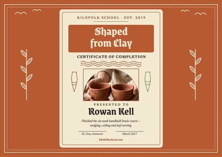 Kilnfolk pottery bowls workshop certificate template