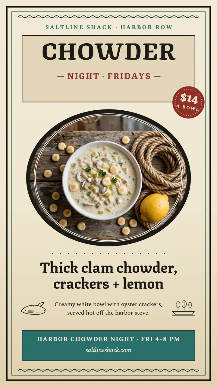 Saltline Shack chowder night scrimshaw story template