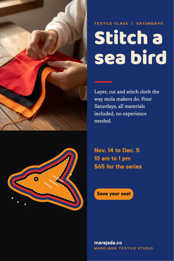Marejada mola sea bird class: textile workshop poster template