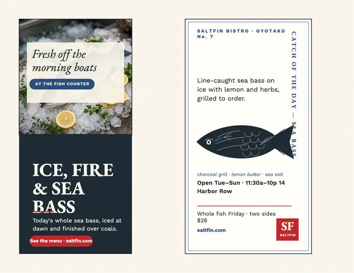 Saltfin seafood bistro fish print flyer template