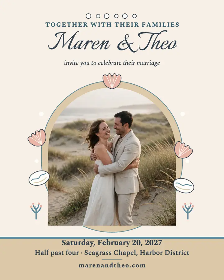 Seagrass Vows: shell wedding invite template