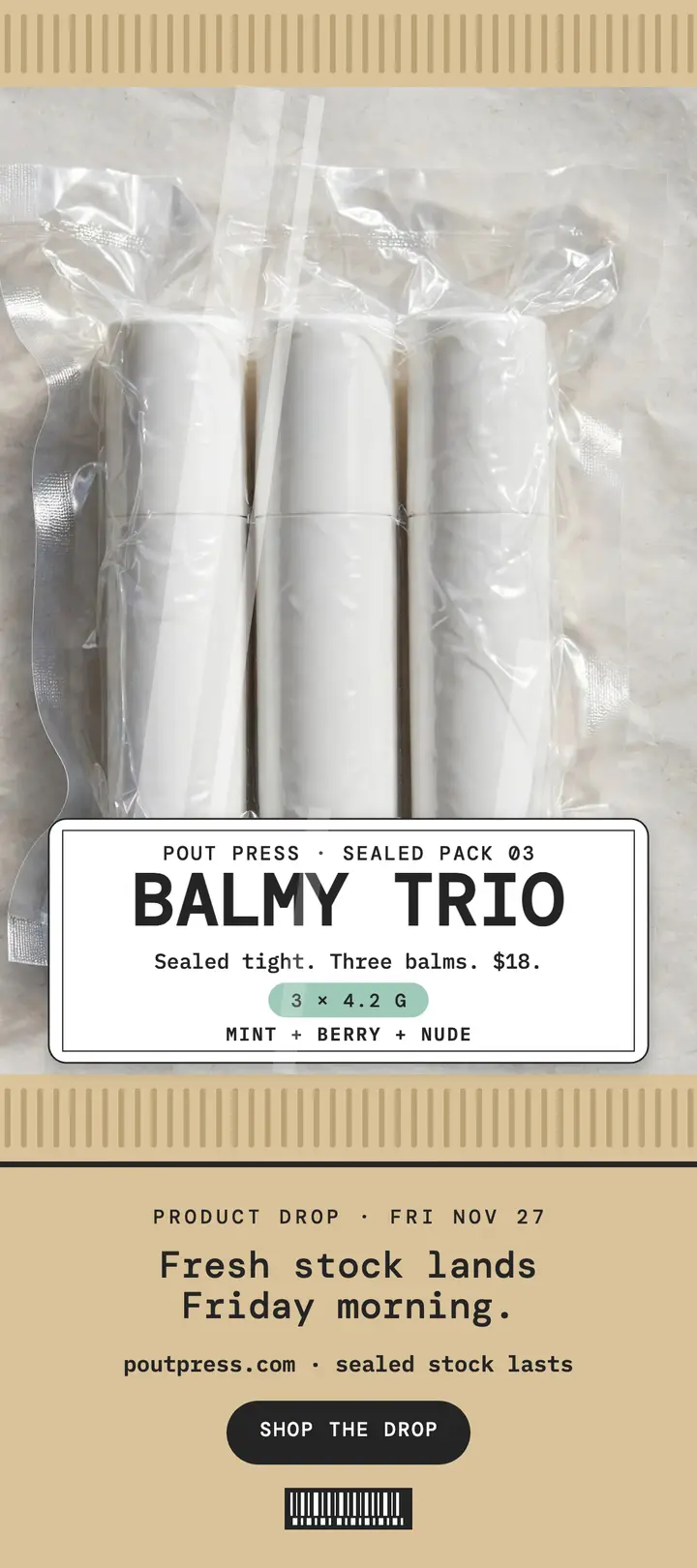 Sealed balm trio drop rack card template