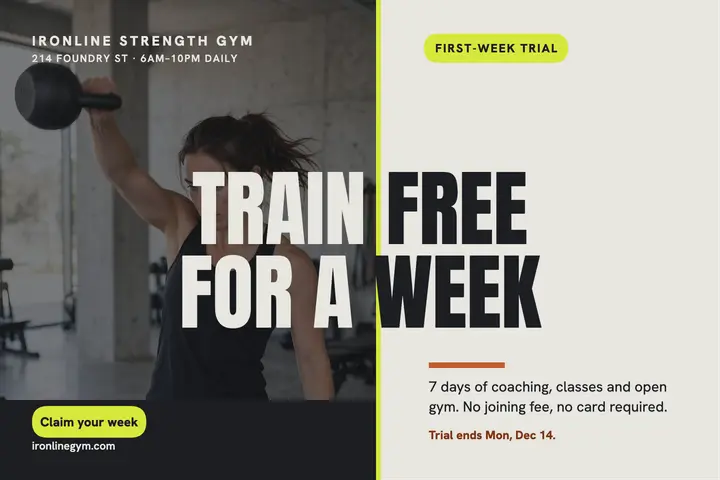 Ironline first week free gym postcard: gym trial postcard template