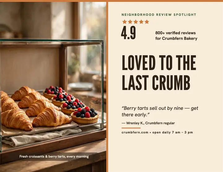 Crumbfern bakery review spotlight flyer: bakery review flyer template