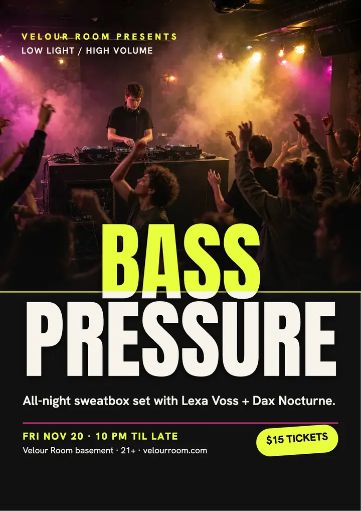 Velour Room bass pressure DJ flyer template