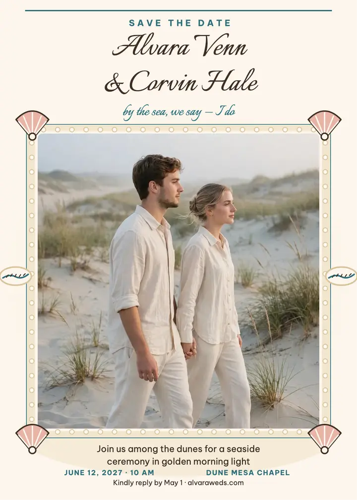 Seashell save the date, dune couple: save the date invitation template