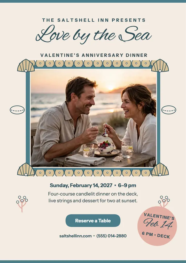 Saltshell Inn seaside anniversary dinner flyer template