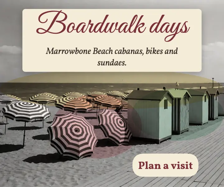 Marrowbone Beach boardwalk ad, hand-tinted photo template