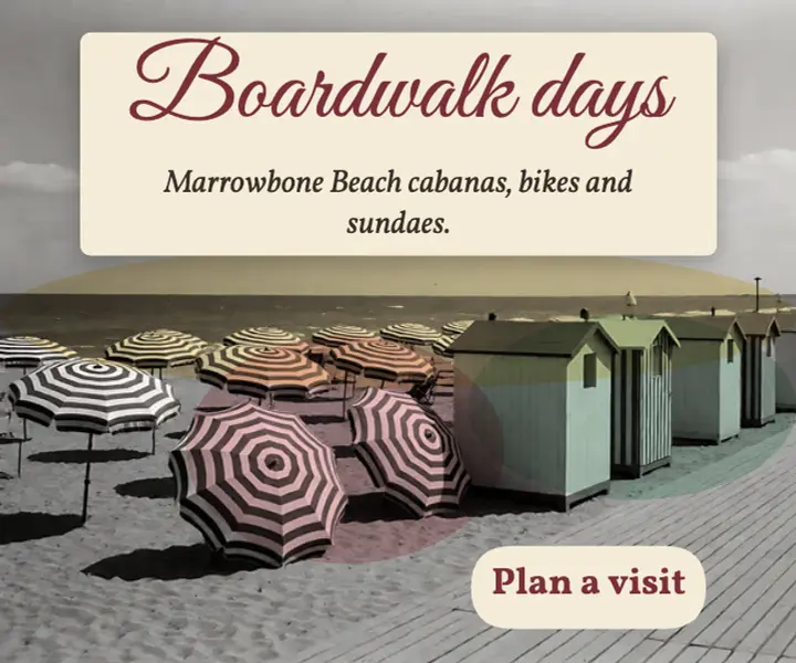Marrowbone Beach boardwalk ad, hand-tinted photo template