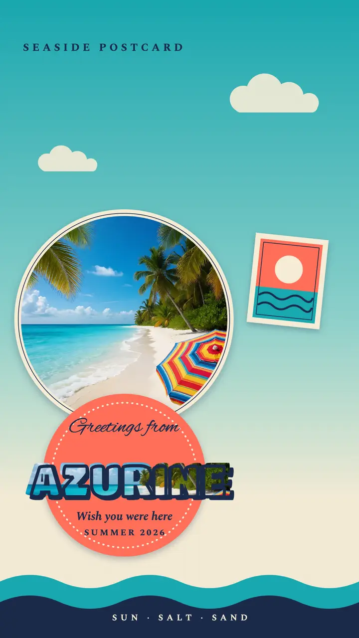 Azurine seaside greetings postcard story template