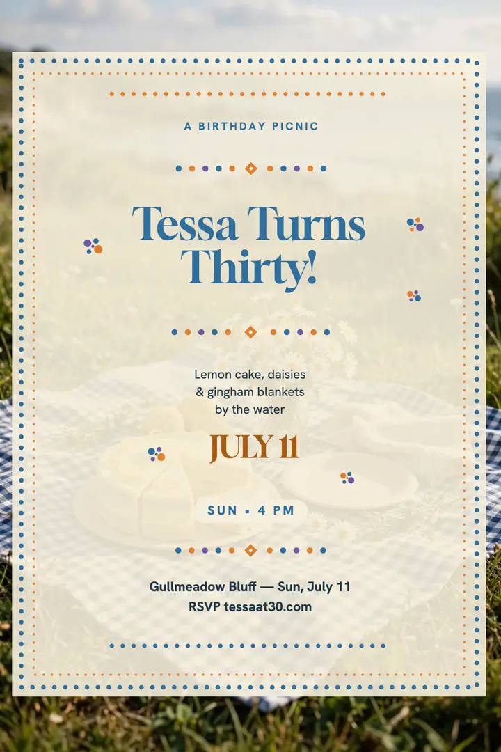 Tessa Marlowe seaside picnic 30th poster: birthday picnic invite poster template