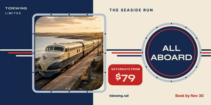 Tidewing Limited seaside rail excursion post: scenic train excursion post template
