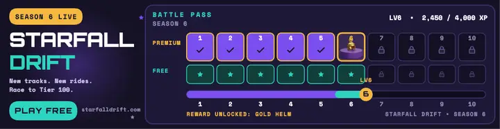 Starfall Drift Season 6 battle pass ad template