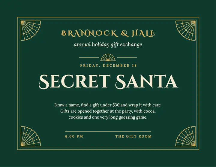 Emerald and gold Secret Santa gift exchange flyer template