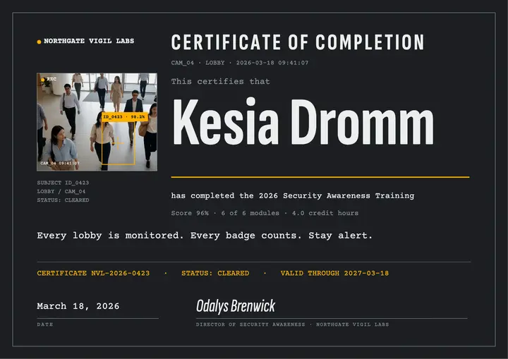 Security awareness training certificate, surveillance frame template