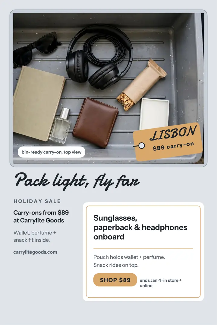 Carrylite holiday carry-on bin poster template