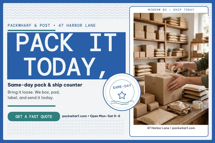 Packwharf pack and ship postcard template