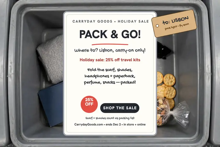 Carryday pack and go sale postcard: packing sale postcard template