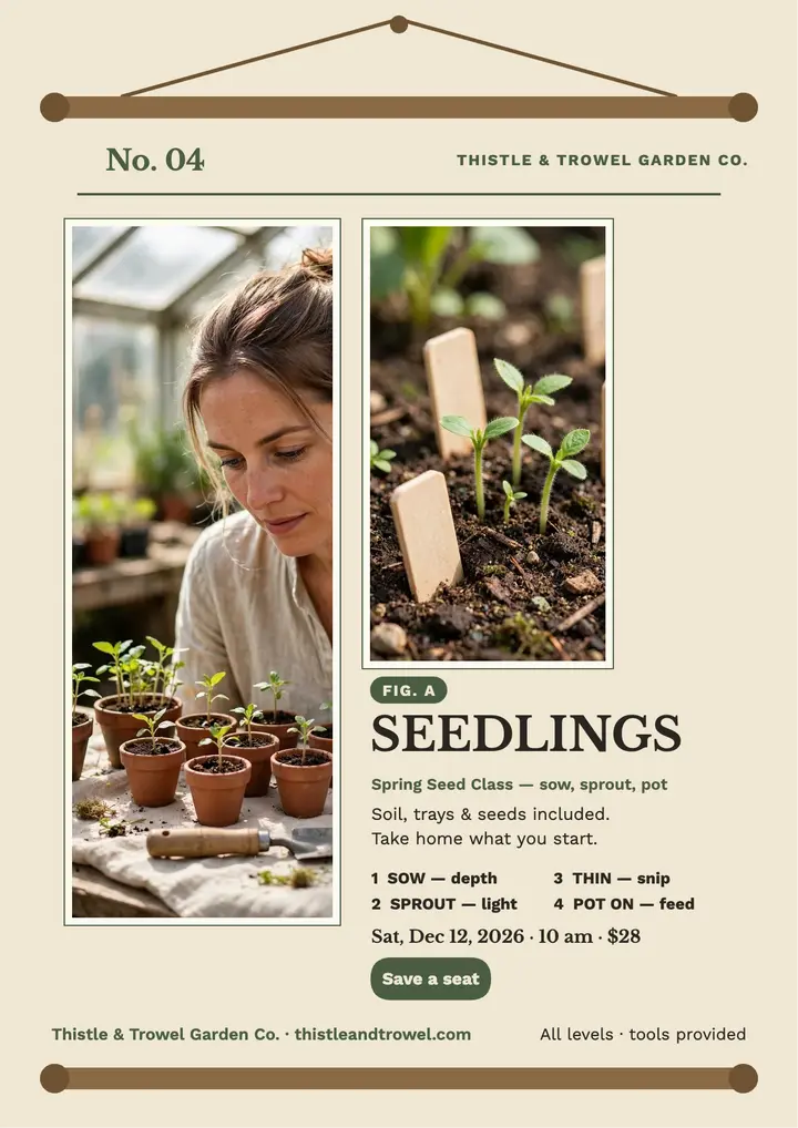 Thistle and Trowel spring seed class chart: seed starting class flyer template