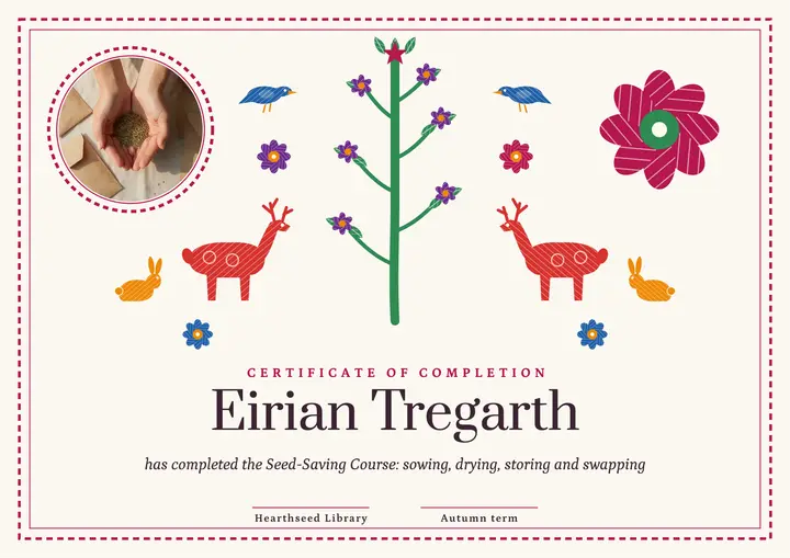 Hearthseed seed-saving course Otomi-inspired embroidery certificate template