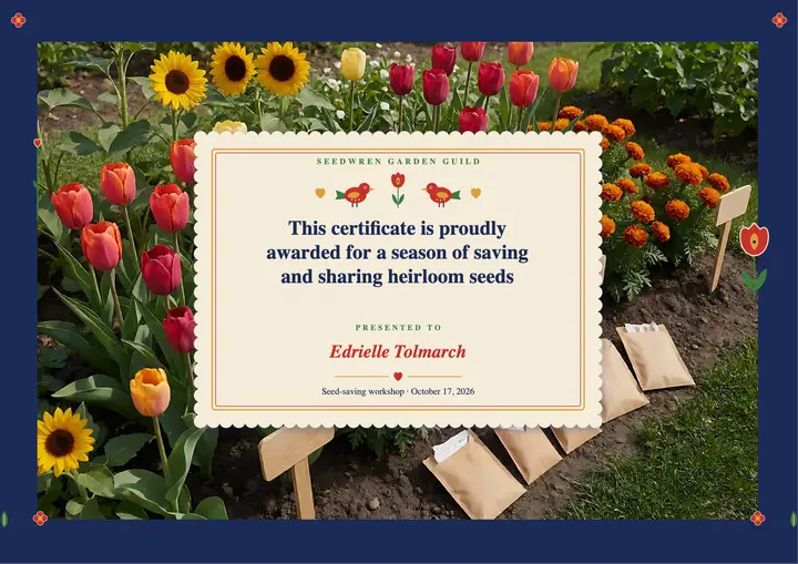 Seed-saving workshop certificate, folk florals template