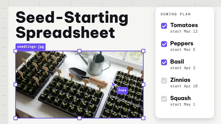 Seed-starting spreadsheet thumbnail, UI fragments template