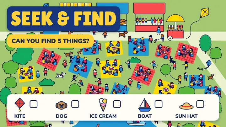 Park picnic seek and find thumbnail template