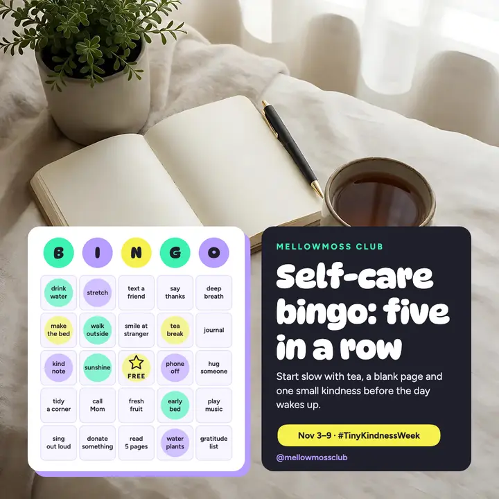 Self-care bingo challenge post, Mellowmoss Club template