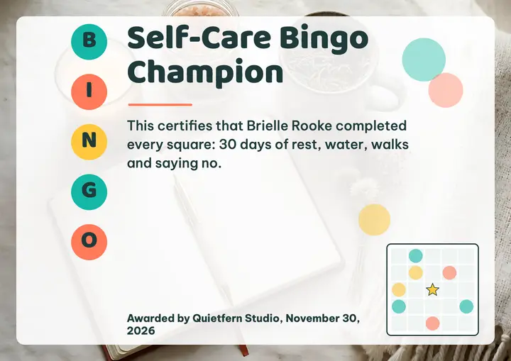 Quietfern Studio self-care bingo certificate template