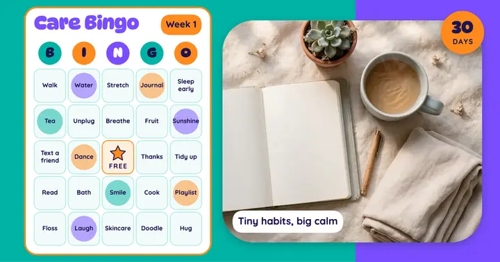 Care Bingo 30-day self-care habit challenge post template