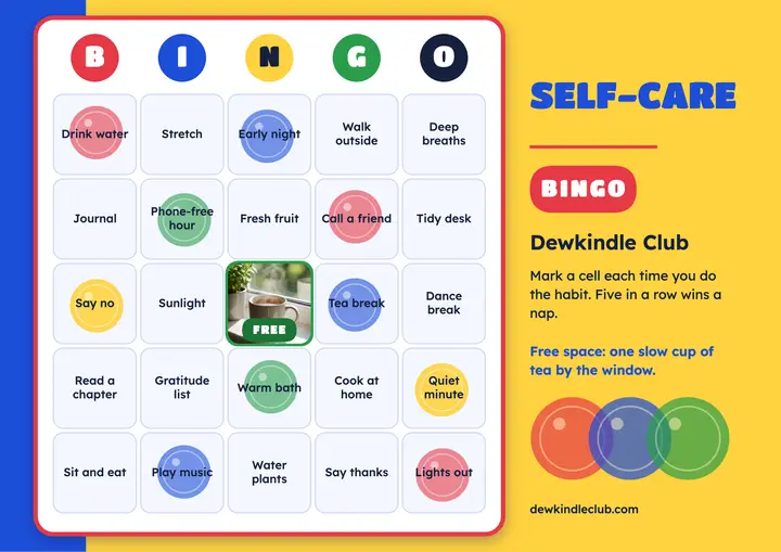 Dewkindle Club self-care bingo card template