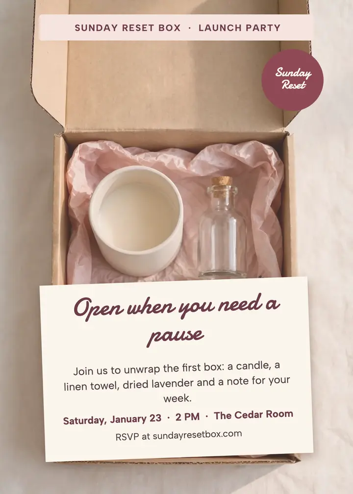 Sunday Reset box launch invitation: self-care box launch invitation template