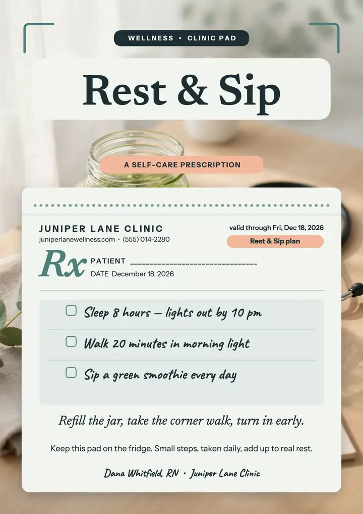 Rest and Sip self-care prescription flyer template