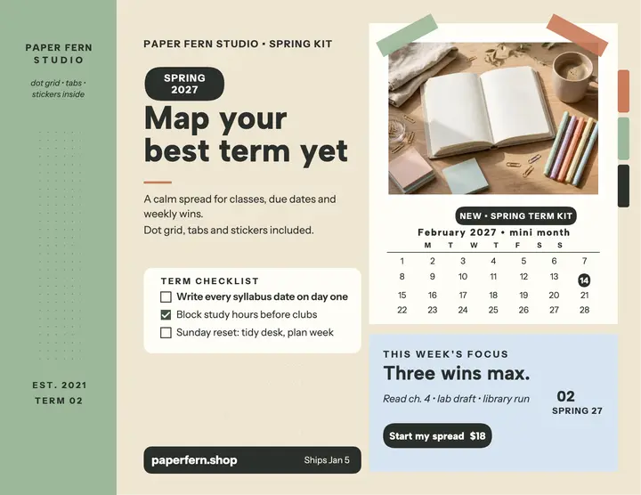 Paper Fern spring semester planner spread: semester planner flyer template