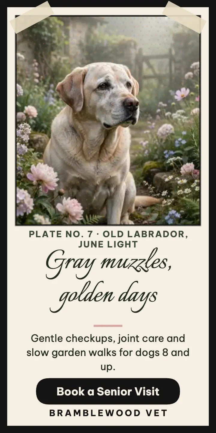 Bramblewood senior dog garden half-page ad: senior dog vet ad template