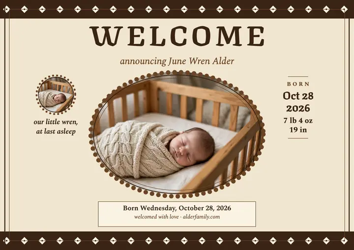 Sepia newborn announcement certificate template