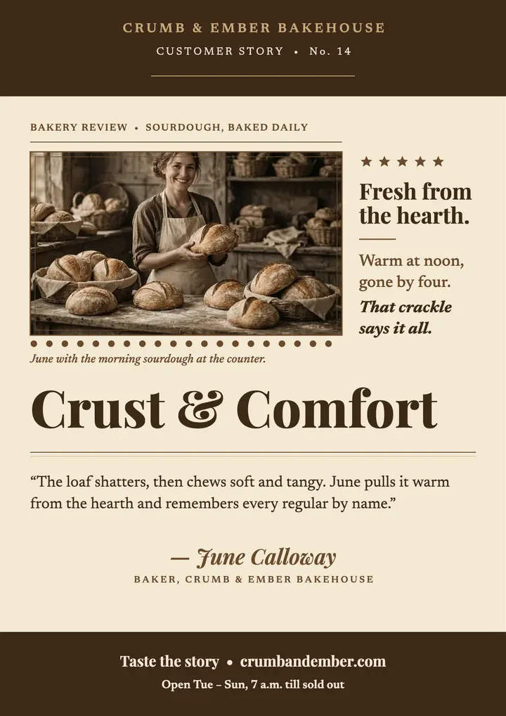 Crumb and Ember bakery review flyer template
