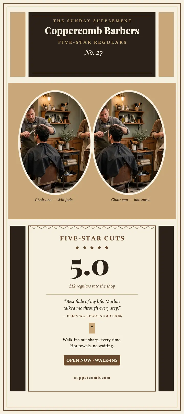 Coppercomb Barbers five-star regulars rack card: barbershop review rack card template