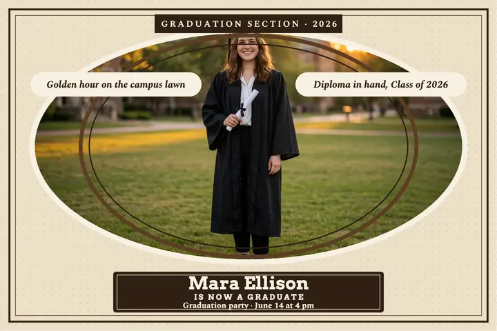 Mara Ellison sepia graduation postcard template