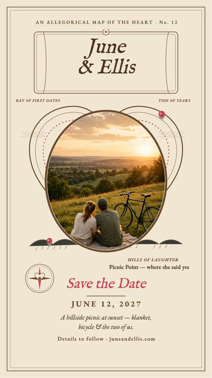 Heart map save the date story, June and Ellis template