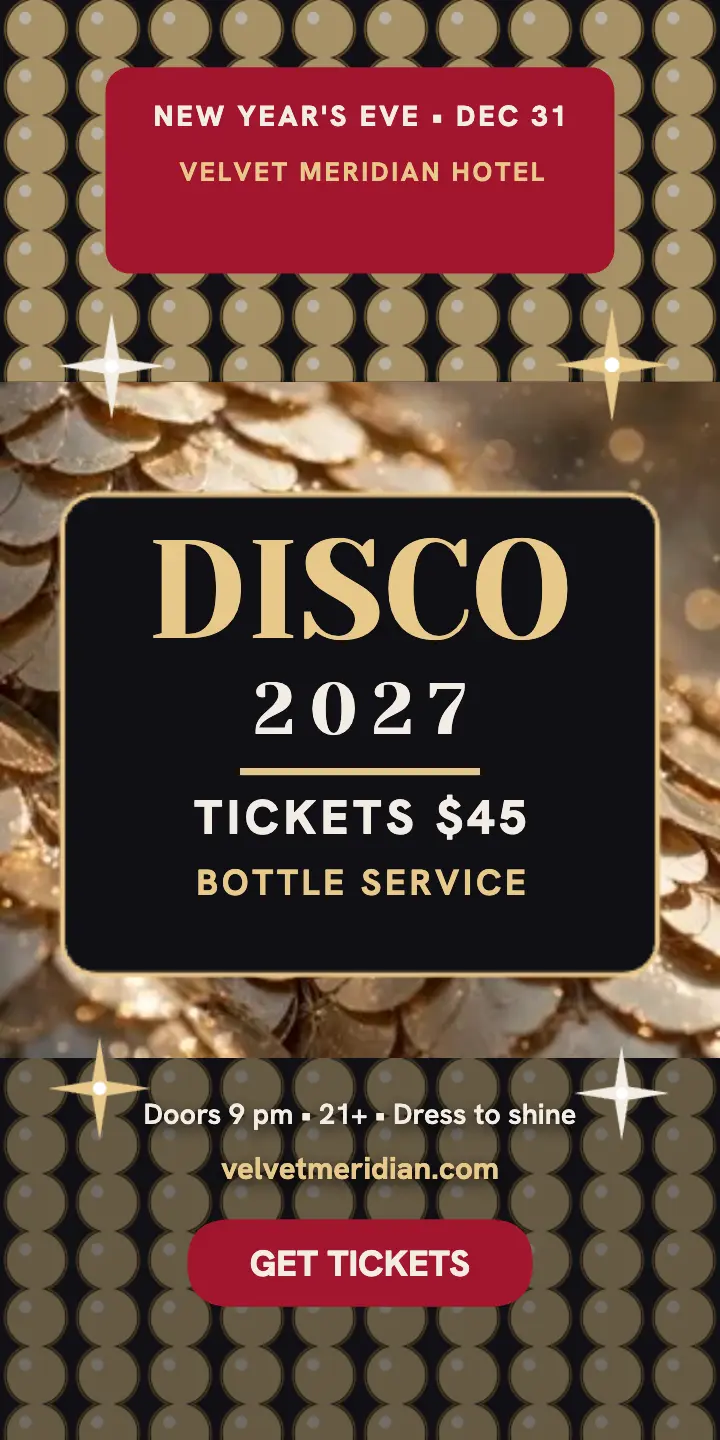 Velvet Meridian disco New Year half-page ad template